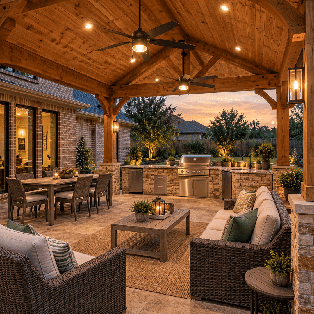 Covered cedar outdoor living area with built-in kitchen dining and seating