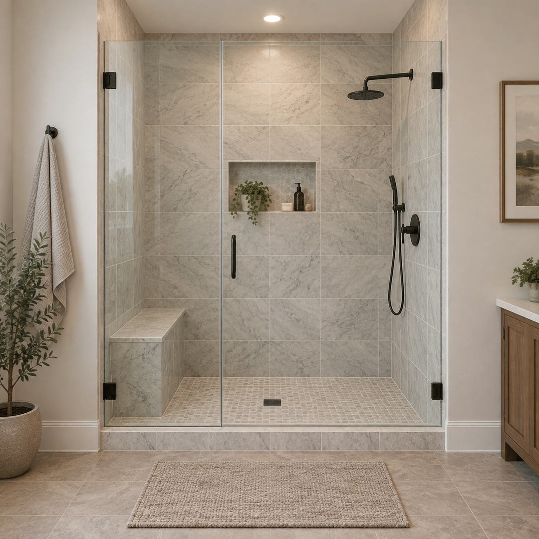 JBN Bathroom Remodeling 2 Custom walk-in shower with frameless glass niche bench and coordinated tile