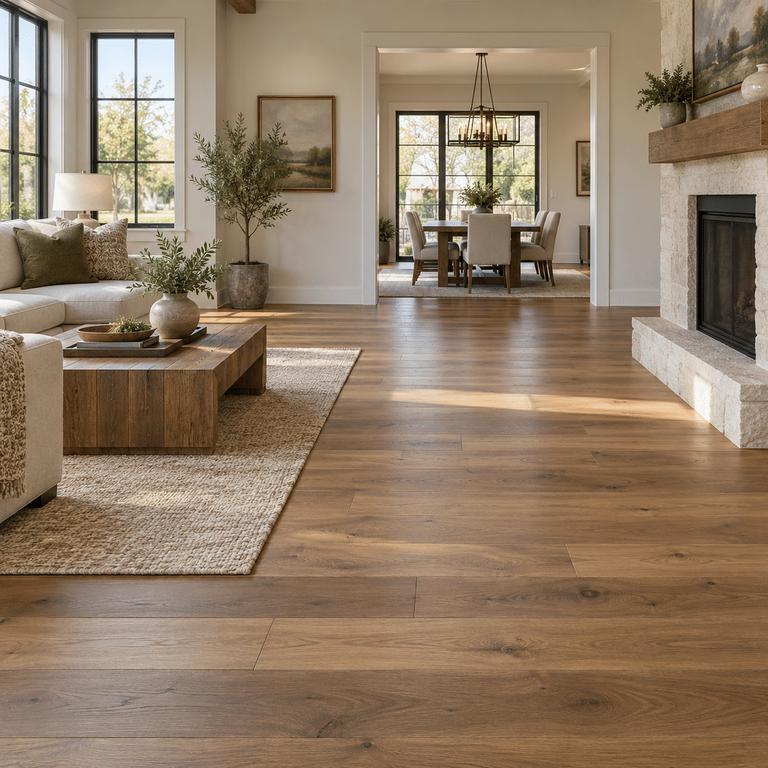 JBN Flooring 3 Finished engineered hardwood flooring connecting living and dining rooms