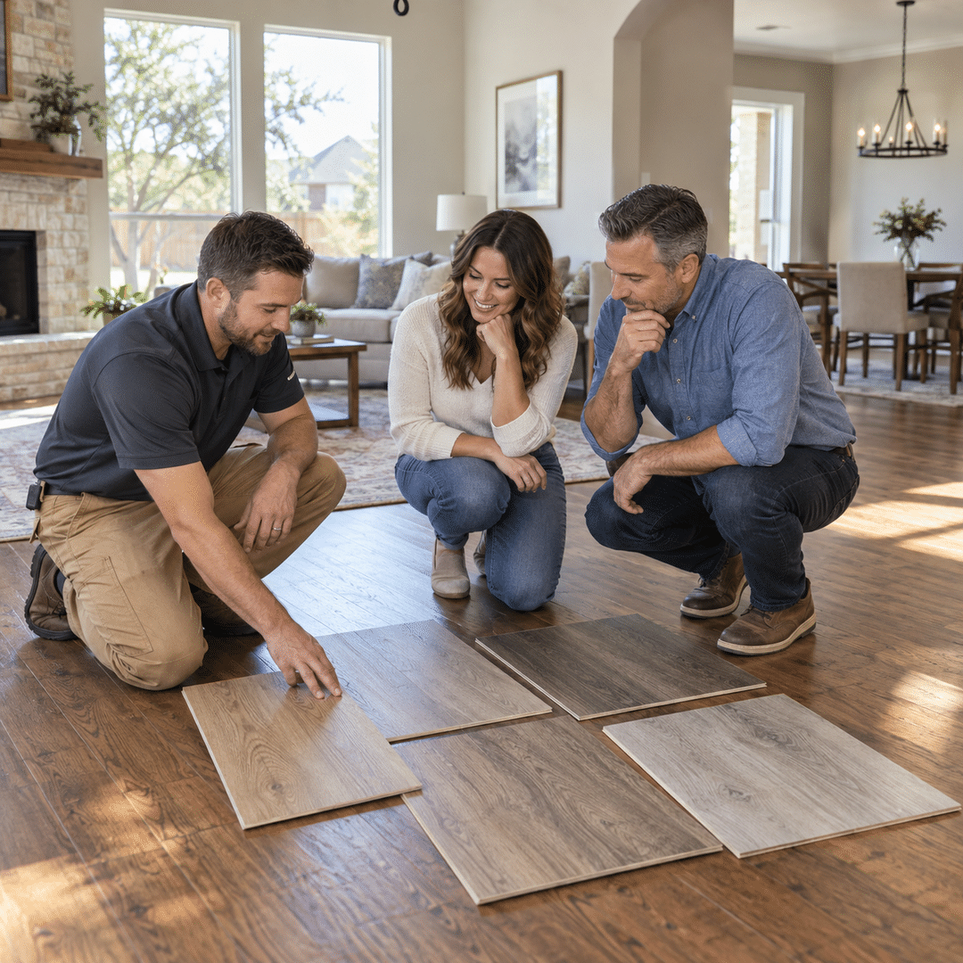 JBN Flooring 1 Homeowners comparing flooring samples with a contractor during an in-home consultation