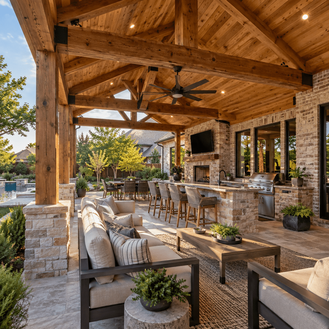 General Contractor Denton TX 5 Cedar patio cover and outdoor kitchen at a North Texas home