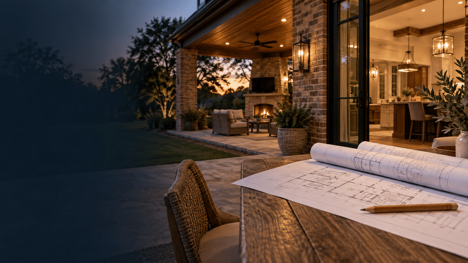 North Texas remodeled home with architectural plans on an outdoor table