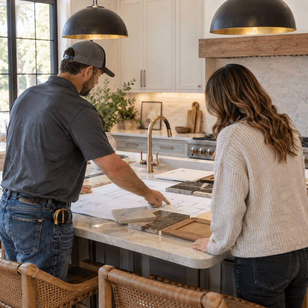 General Contractor Denton TX 11 Contractor and homeowner reviewing plans during an in-home remodeling consultation
