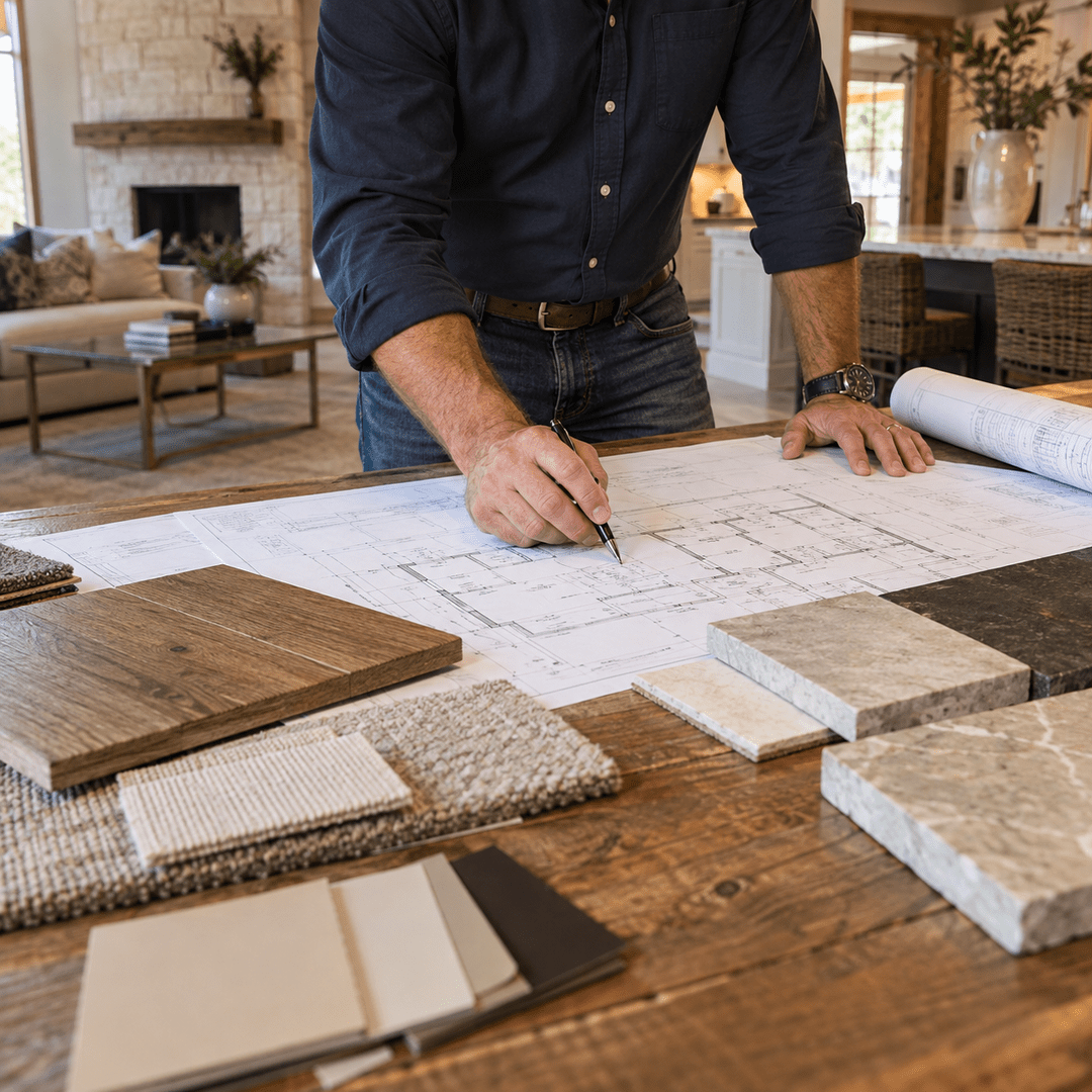 General Contractor Denton TX 1 North Texas contractor reviewing remodeling plans and residential material selections