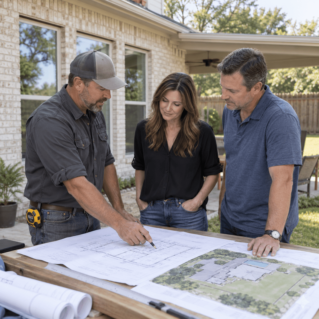 Home Additions 1 Denton homeowners reviewing home addition plans with a contractor
