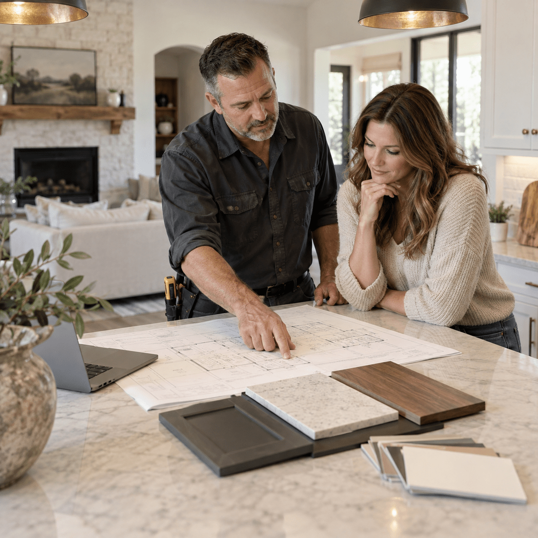 Home Remodeling 1 Contractor and homeowner reviewing plans for a Denton home remodel