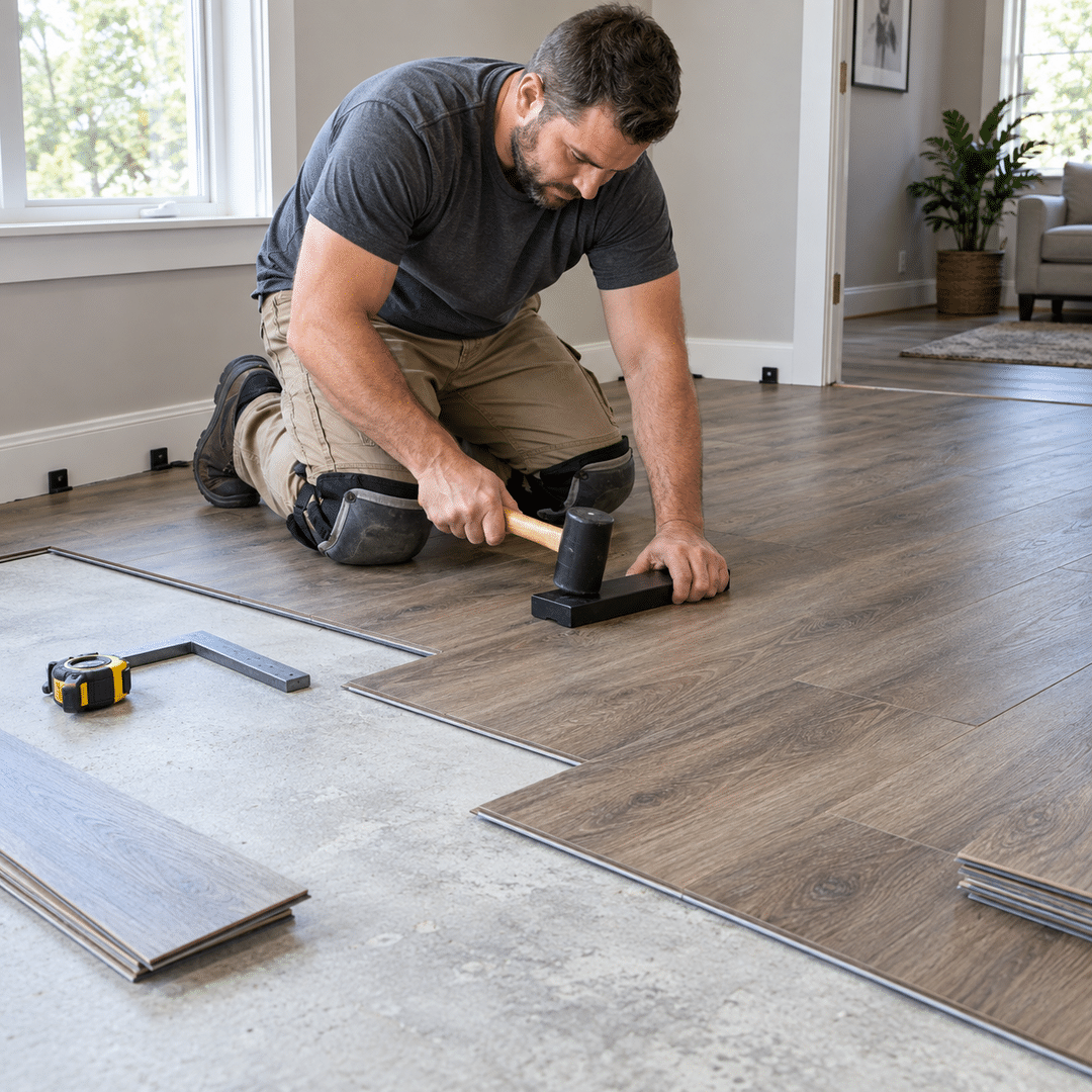 JBN Flooring 2 Professional installer laying luxury vinyl plank flooring over a prepared surface