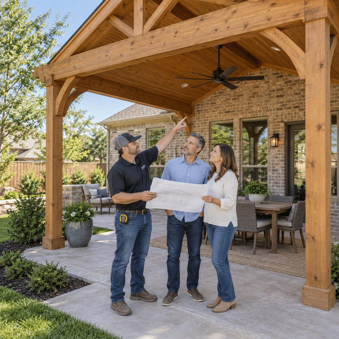 Homeowners reviewing a cedar patio cover plan with a contractor