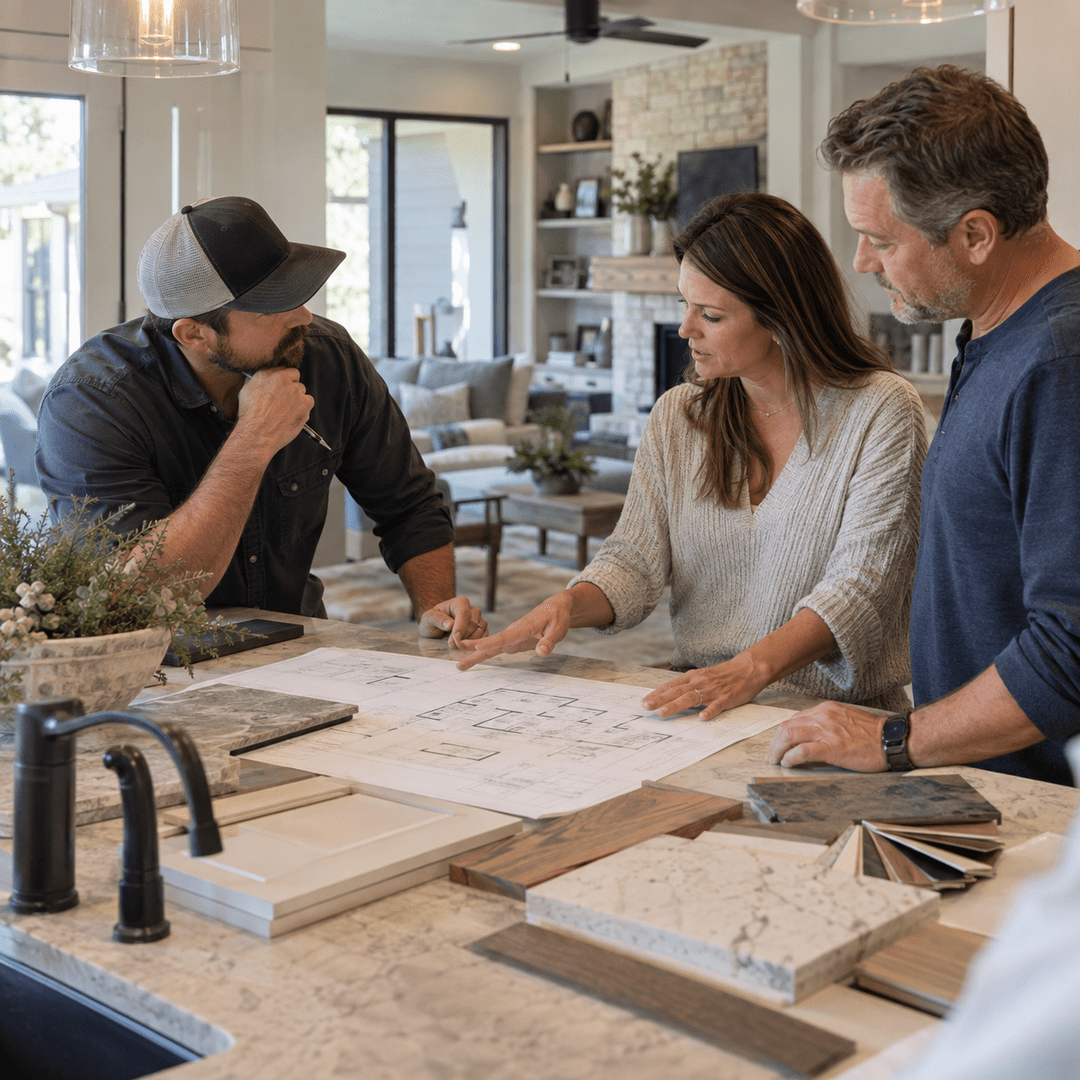 Remodeling Services 1 Denton remodeling contractor reviewing plans and materials with homeowners