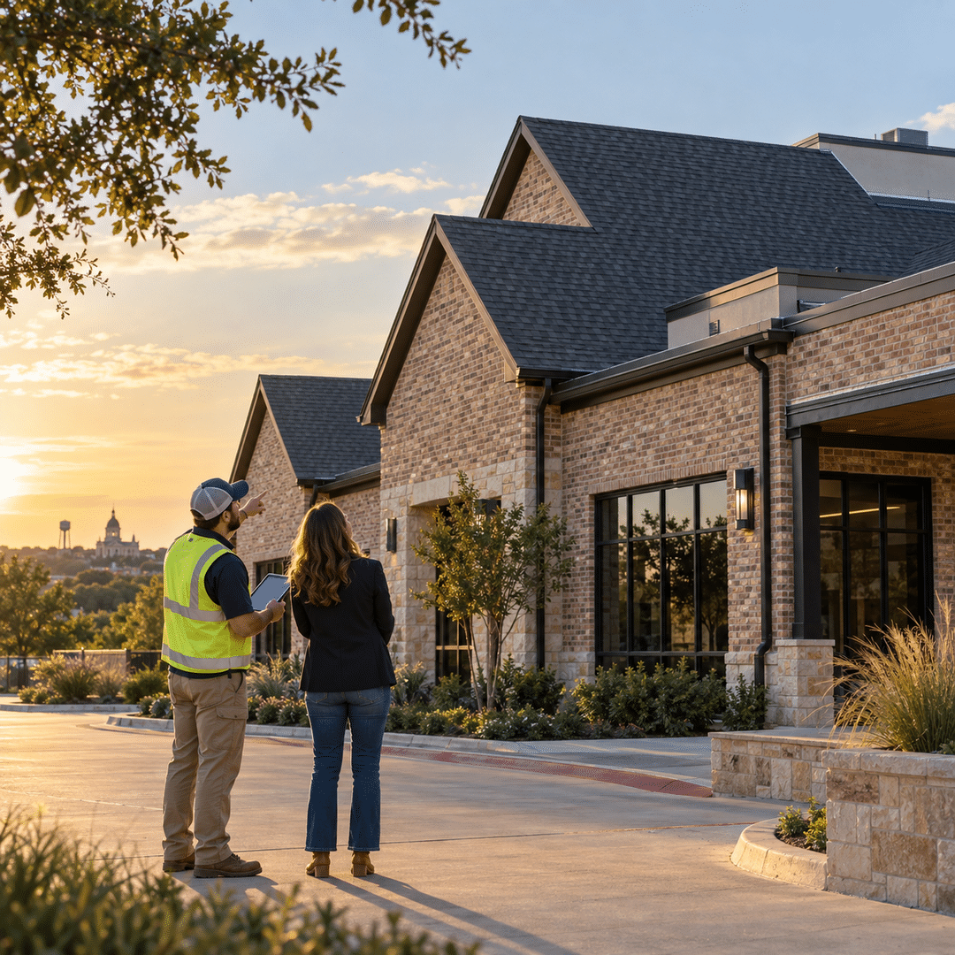 Roofing professional reviewing a completed North Texas roof project with a property manager
