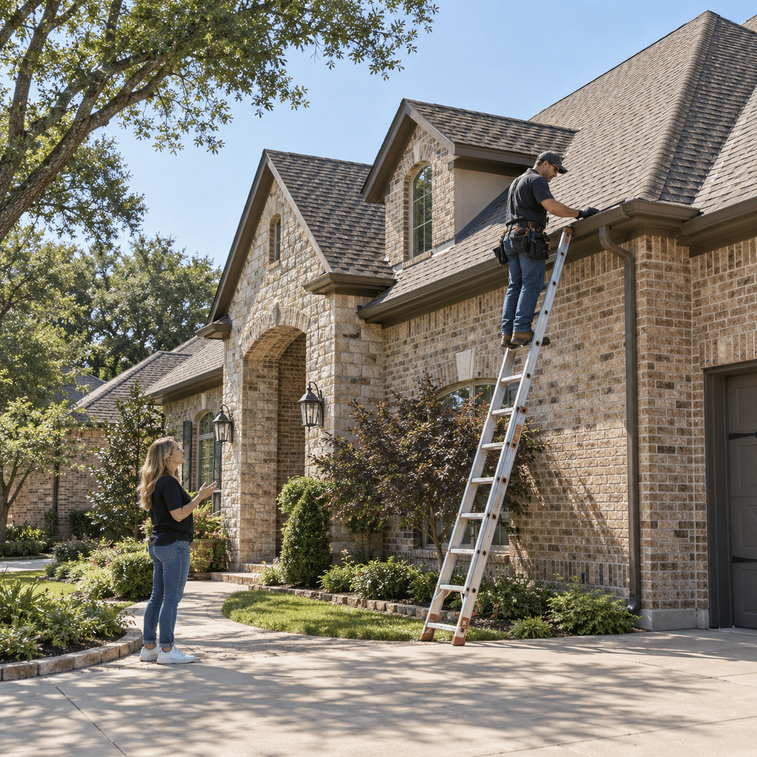 JBN Roofing professional assessing a residential roof on a North Texas brick home