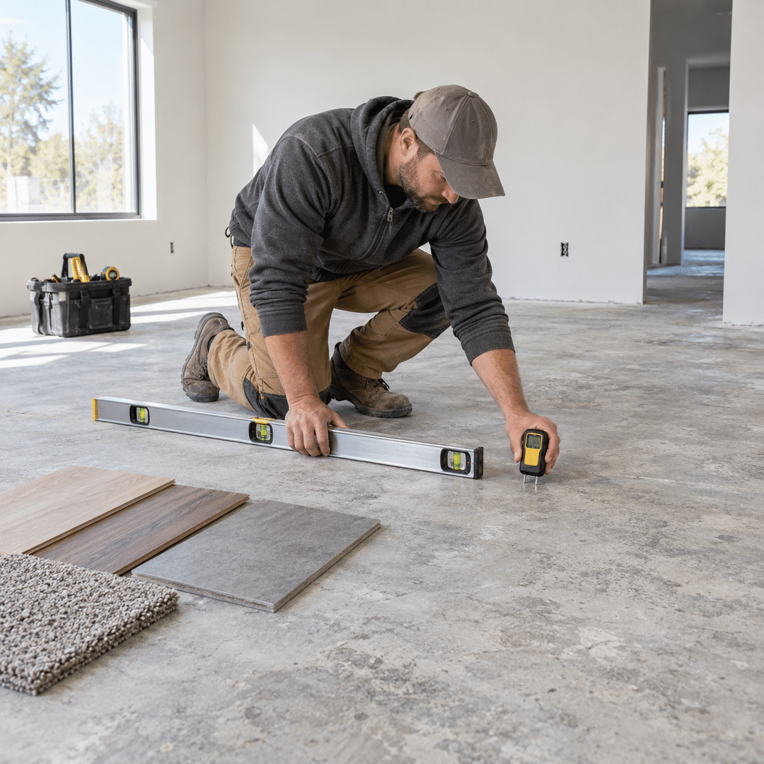 JBN Flooring 4 Flooring professional checking concrete slab flatness and moisture before installation