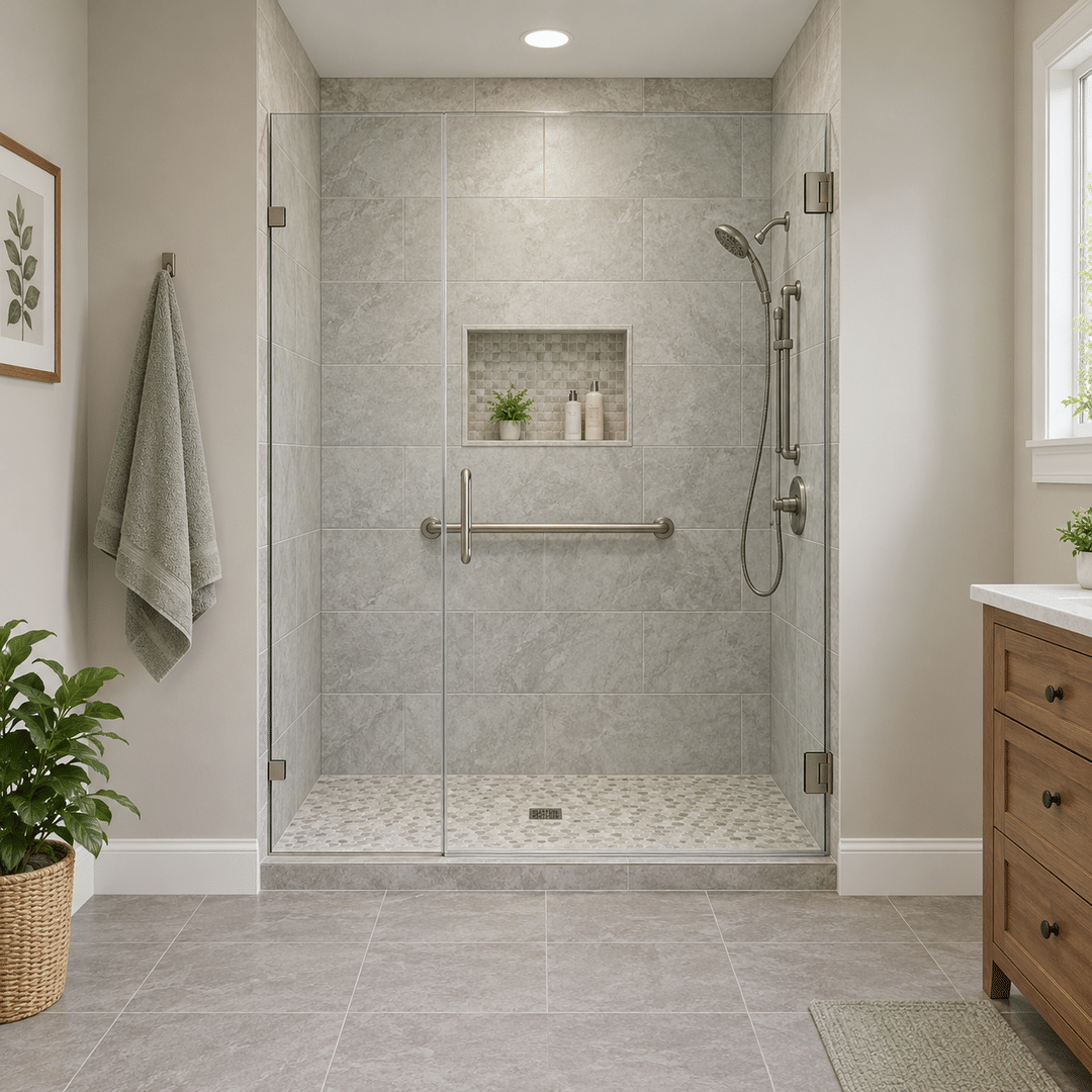 JBN Bathroom Remodeling 3 Completed tub-to-shower conversion with glass tile niche and handheld shower