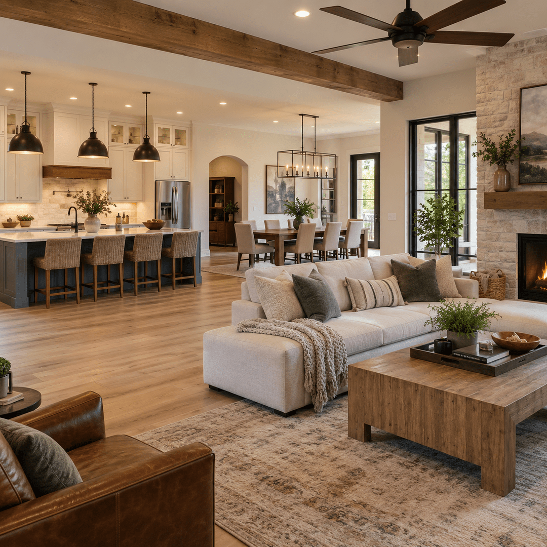 Remodeling Services 2 Connected kitchen dining and living spaces after a whole-home remodel