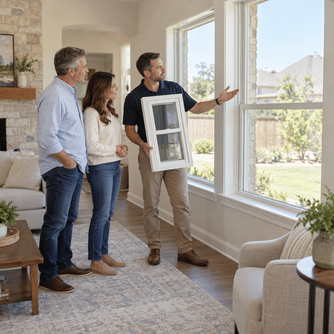 JBN Windows 1 Homeowners comparing a replacement window sample during an in-home consultation