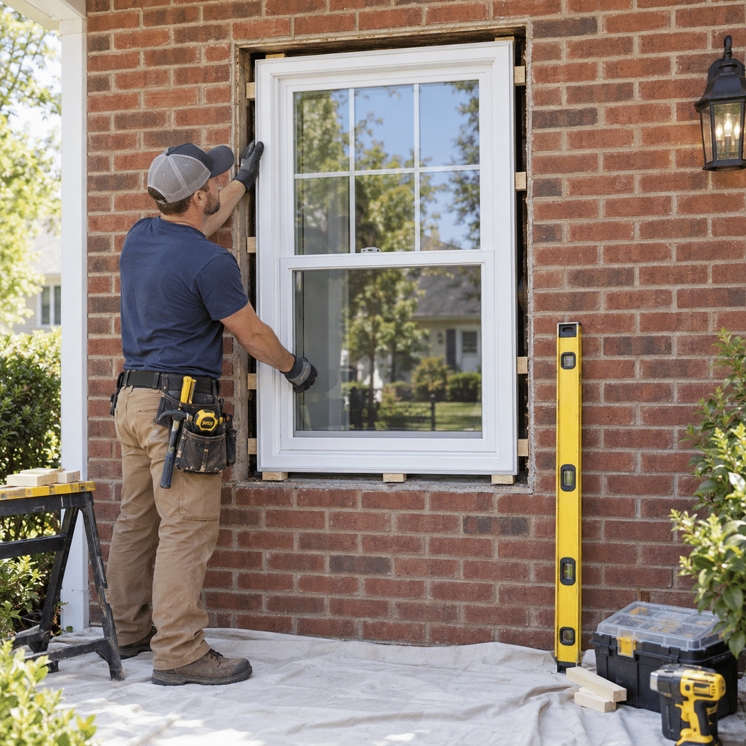 JBN Windows 2 Professional installer setting a replacement window in a brick opening