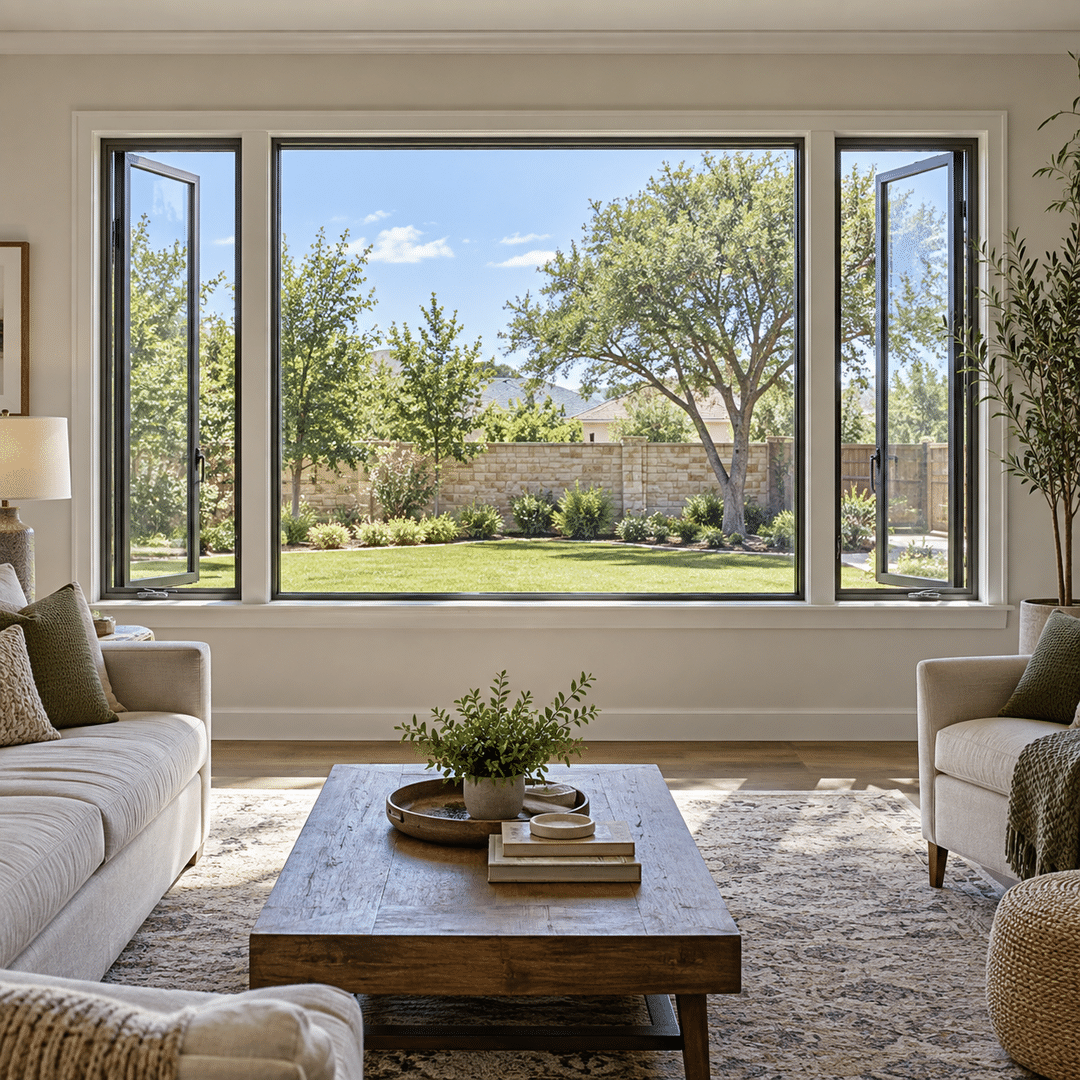JBN Windows 3 Picture window and operable casement windows bringing natural light into a living room
