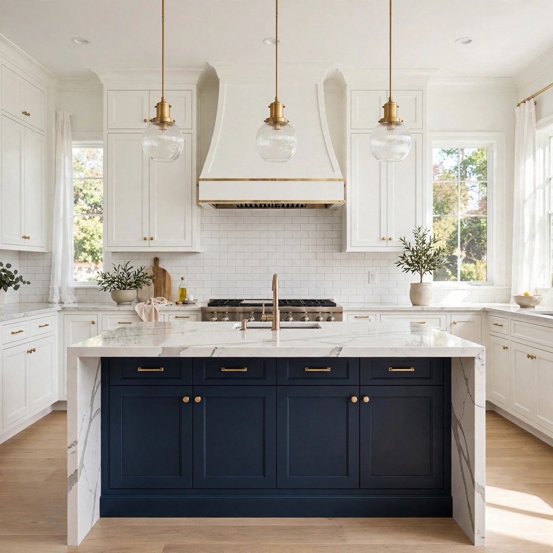 Remodeled kitchen with navy island, white shaker cabinets, quartz counters, and gold hardware