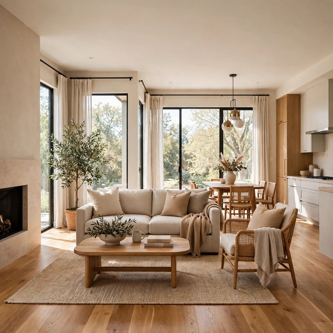Open-concept living room after a whole-home remodel with neutral tones and natural light