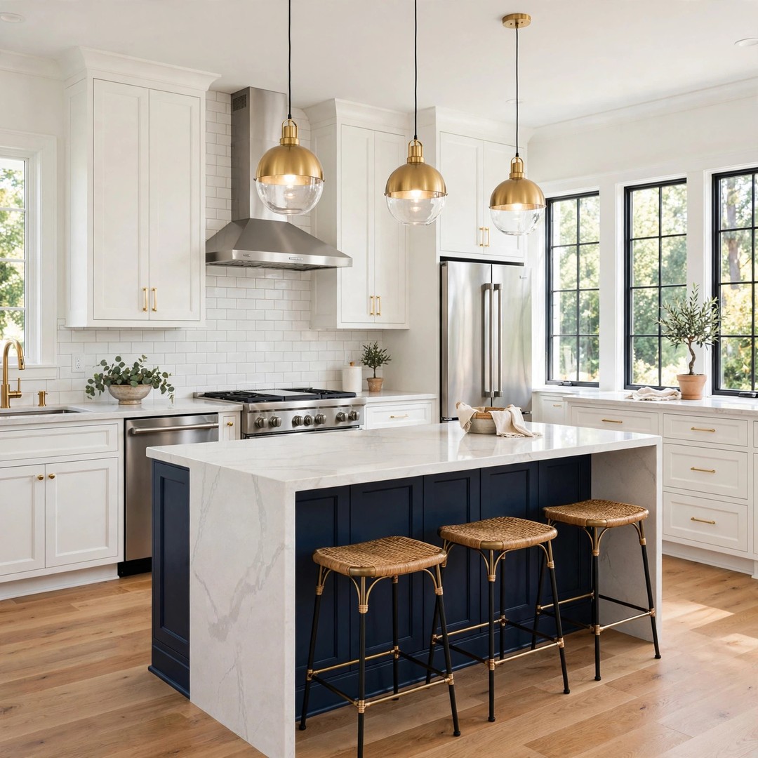Kitchen Remodeling Little Elm TX - Navy Island, White Shaker Cabinets Remodeled kitchen with navy island, white shaker cabinets, quartz counters, and gold hardware