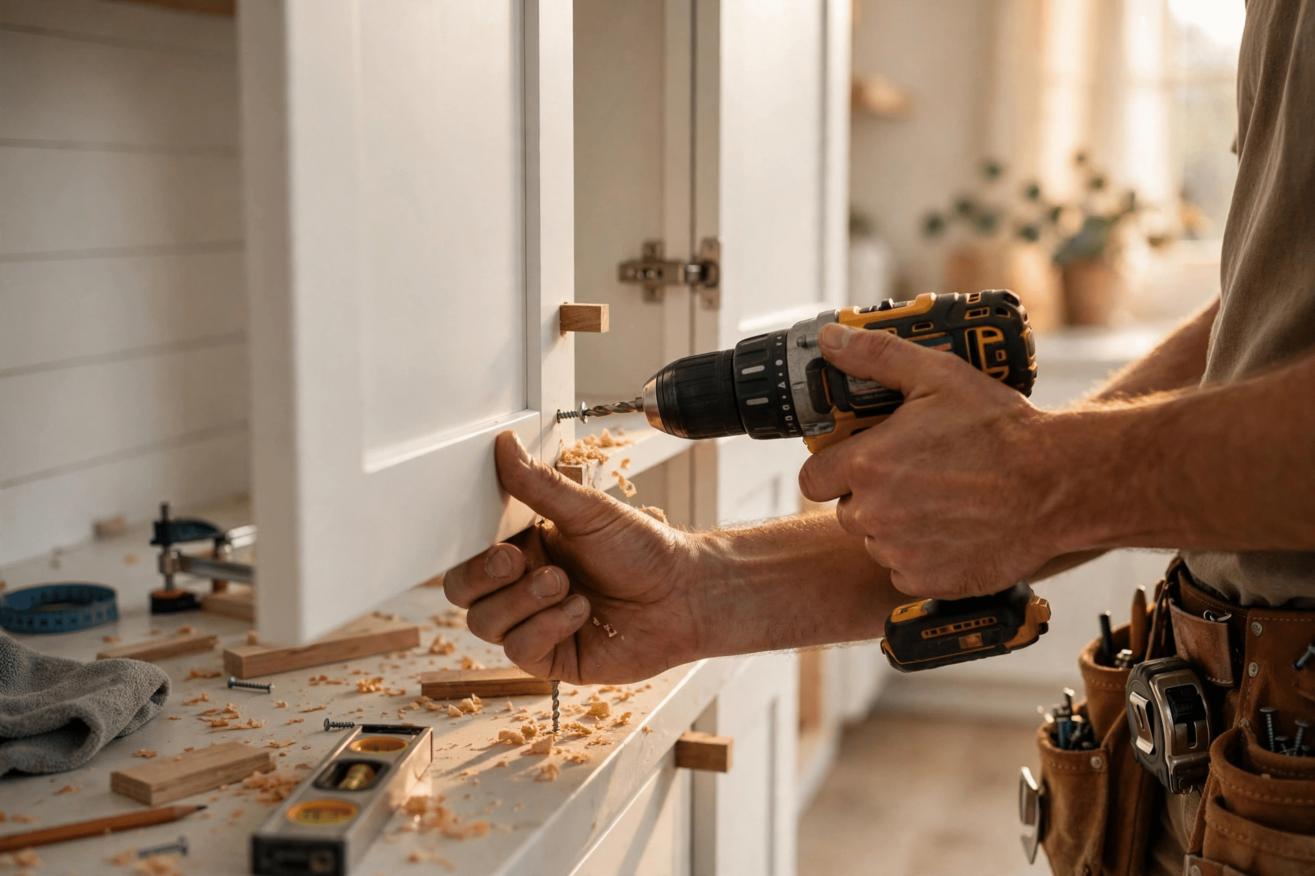 The Colony TX Remodeling - Craftsman Installing Custom Cabinetry Craftsman installing custom kitchen cabinetry with careful detail
