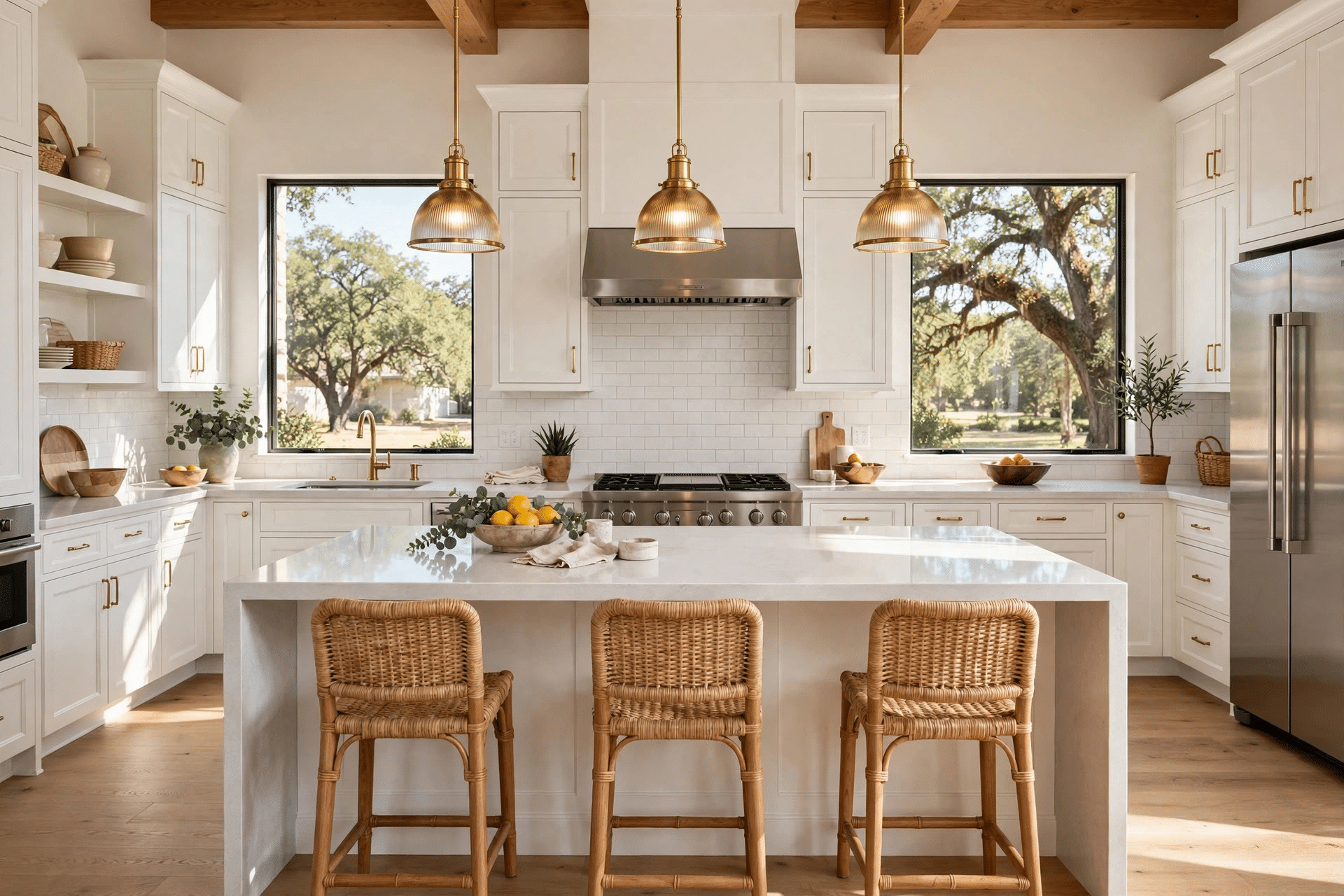 Kitchen Remodeling The Colony TX - White Shaker Cabinets, Quartz Island Remodeled kitchen with white shaker cabinets, quartz waterfall island, and brass pendant lights