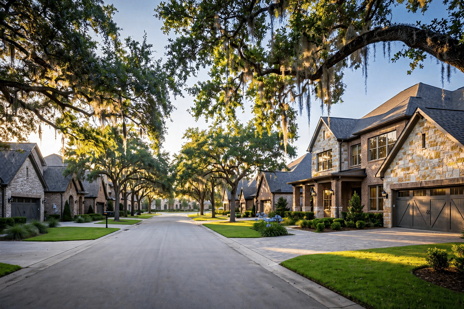 The Colony TX Neighborhoods - Tree-Lined Master-Planned Community Street Tree-lined street in an upscale The Colony master-planned community