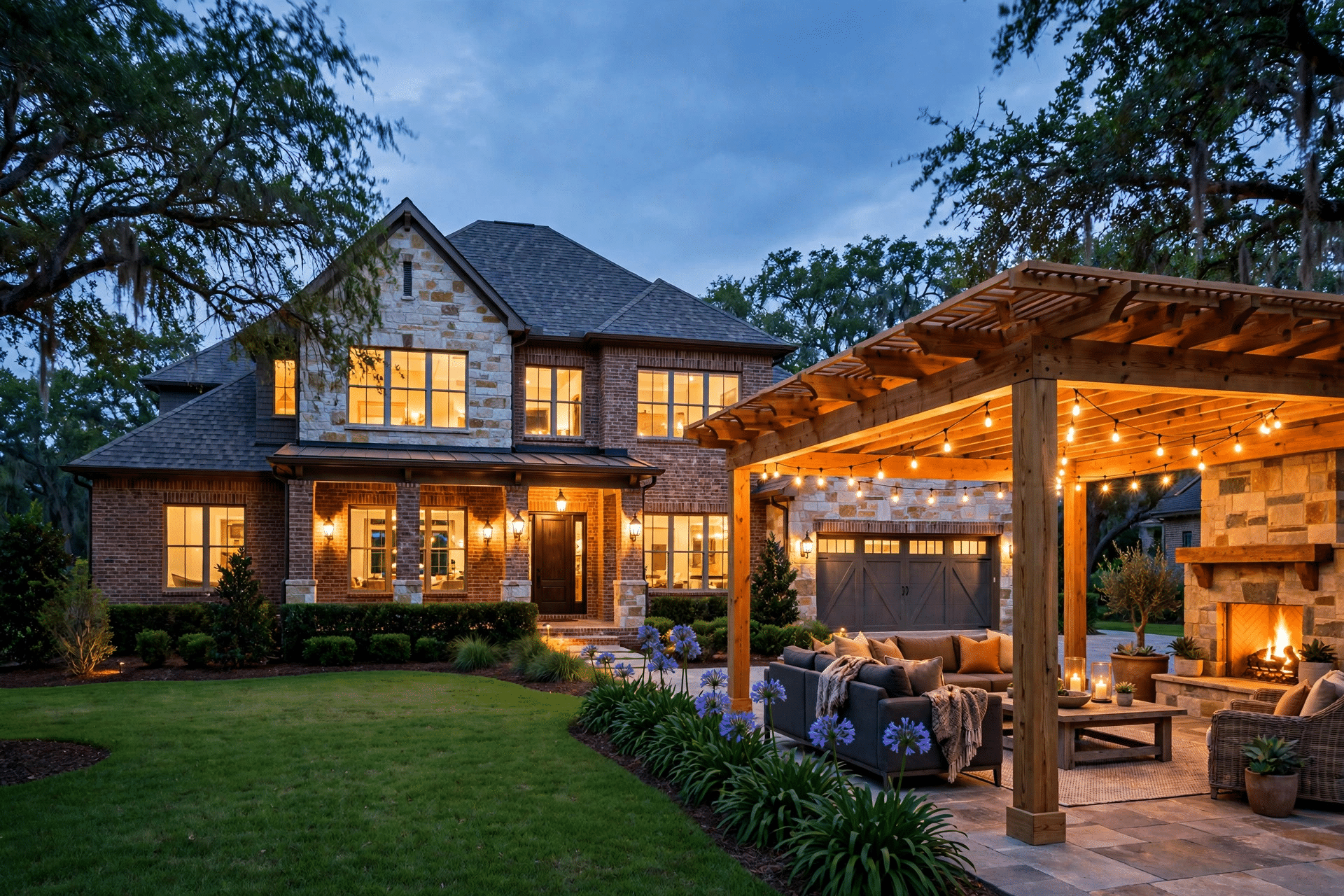 Cedar Patio Covers - JBN Patio Covers Division Covered cedar patio with stone fireplace and outdoor seating at dusk