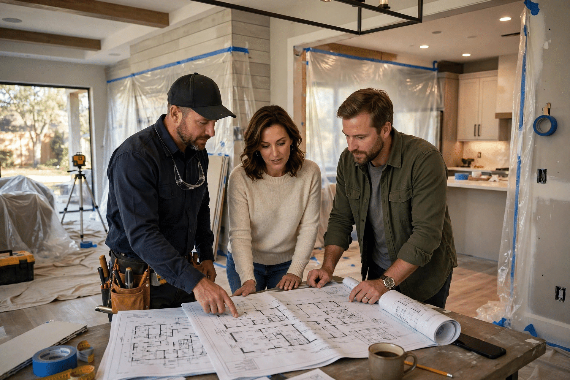 The Colony TX Home Remodeling - In-Home Walkthrough and Planning General contractor reviewing house plans with homeowners during an in-home walkthrough