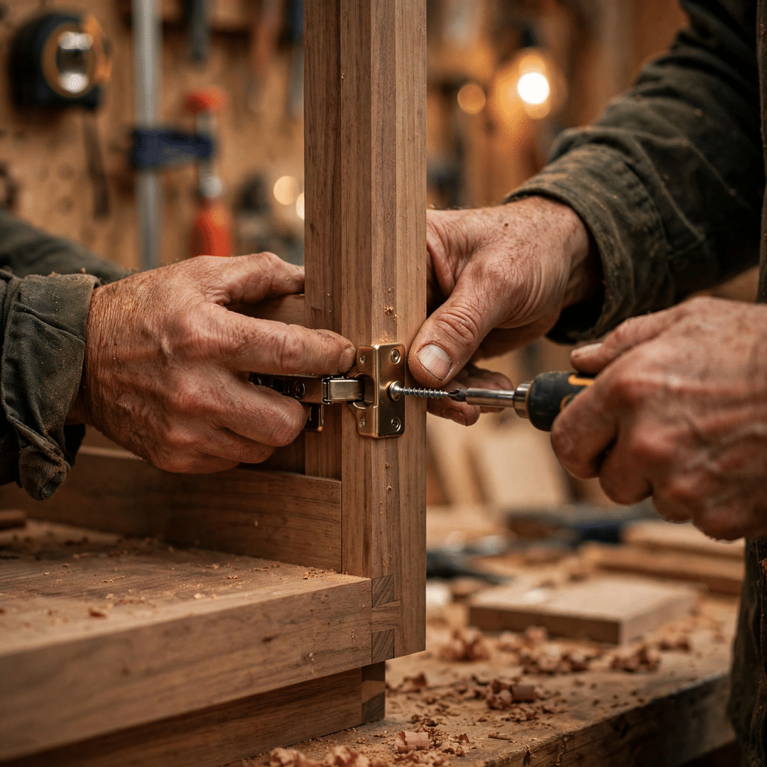 What You Can Expect - Careful Craftsmanship on Every Project Craftsman hands installing custom kitchen cabinetry with careful detail