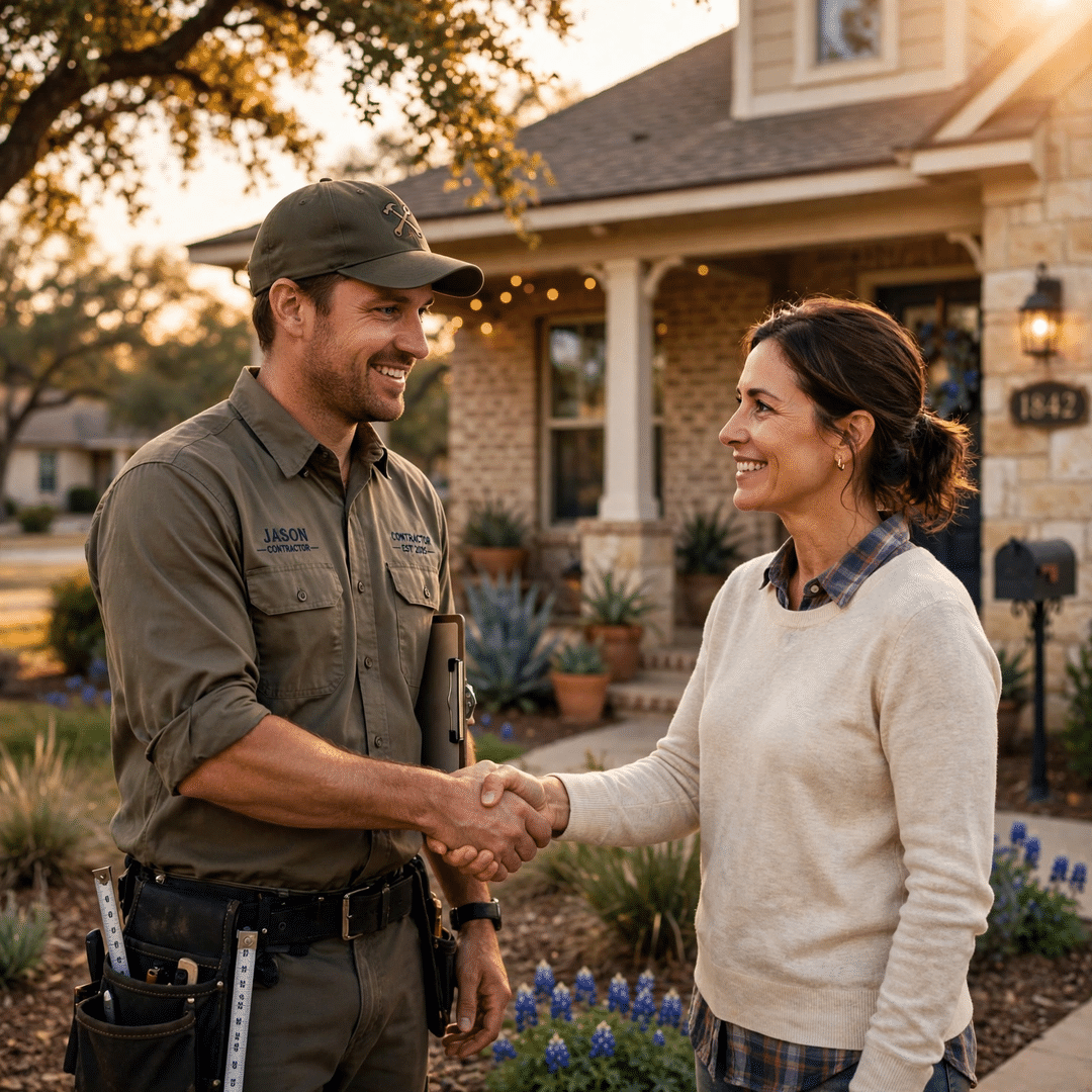 Our Faith Guides Our Work - A Handshake Built on Trust Contractor shaking hands with a homeowner in front of their Texas home
