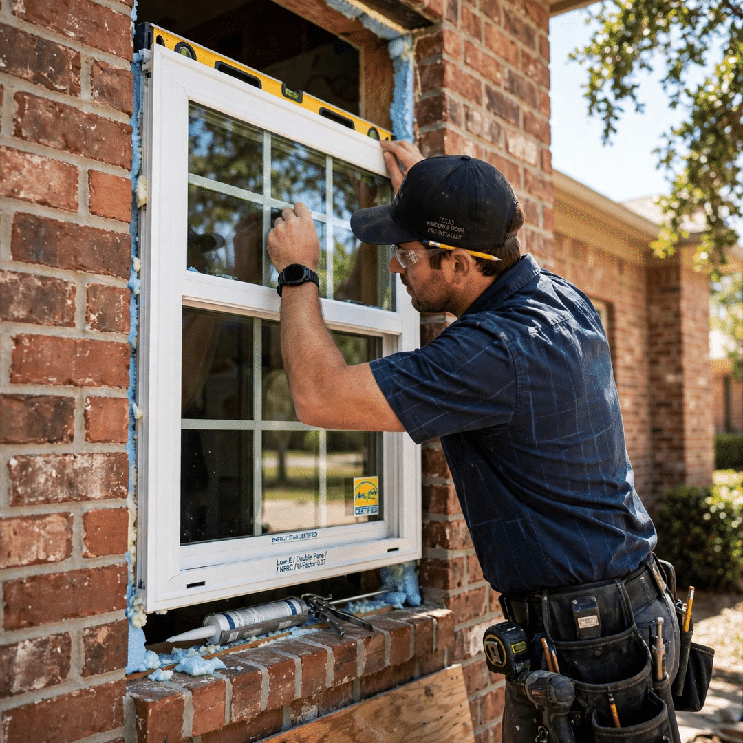 Local Manufacturing - Texas-Made Windows Installed by Local Craftsmen Craftsman installing a Texas-made replacement window in a brick home