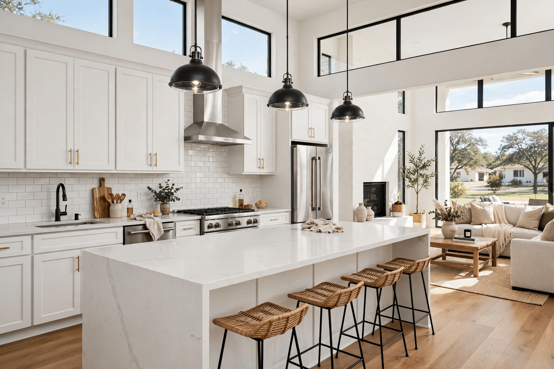 Kitchen Remodeling Allen TX - Bright Modern Kitchen, Quartz Island Bright modern remodeled kitchen with white shaker cabinets and large quartz island