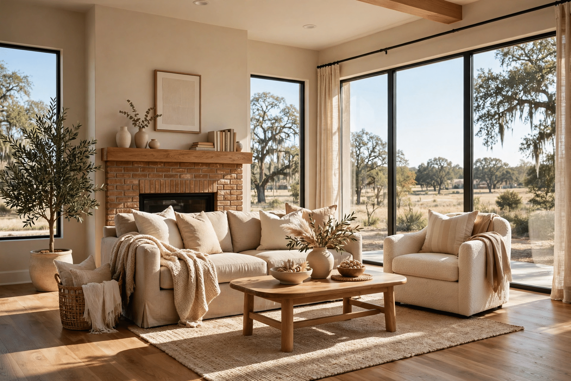 Whole-Home Remodeling Allen TX - Cozy Family Living Room Cozy family living room after a whole-home remodel with brick fireplace and refinished wood floors