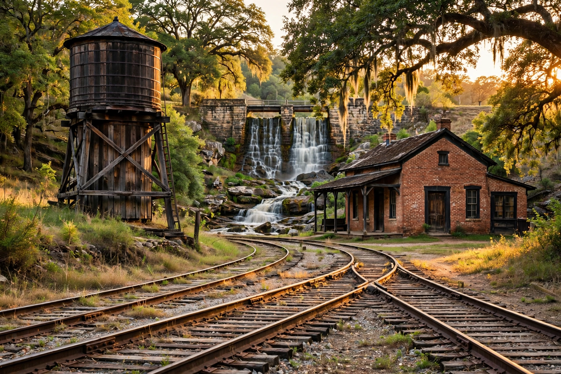 Allen TX - Historic Railroad Dam at Golden Hour Historic stone railroad dam with waterfall at golden hour in Allen Texas