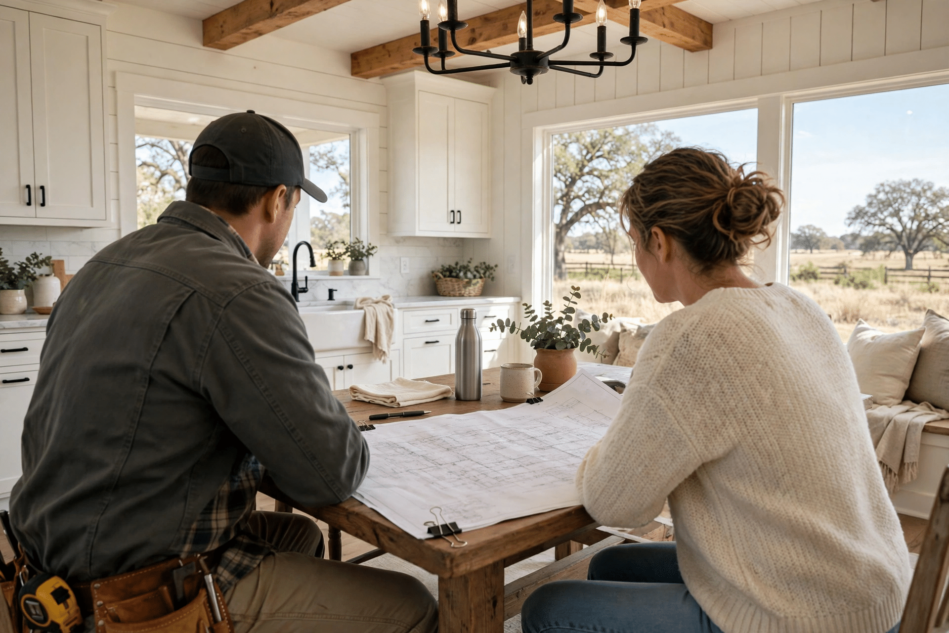 Contractor reviewing addition plans with Argyle homeowners at their table