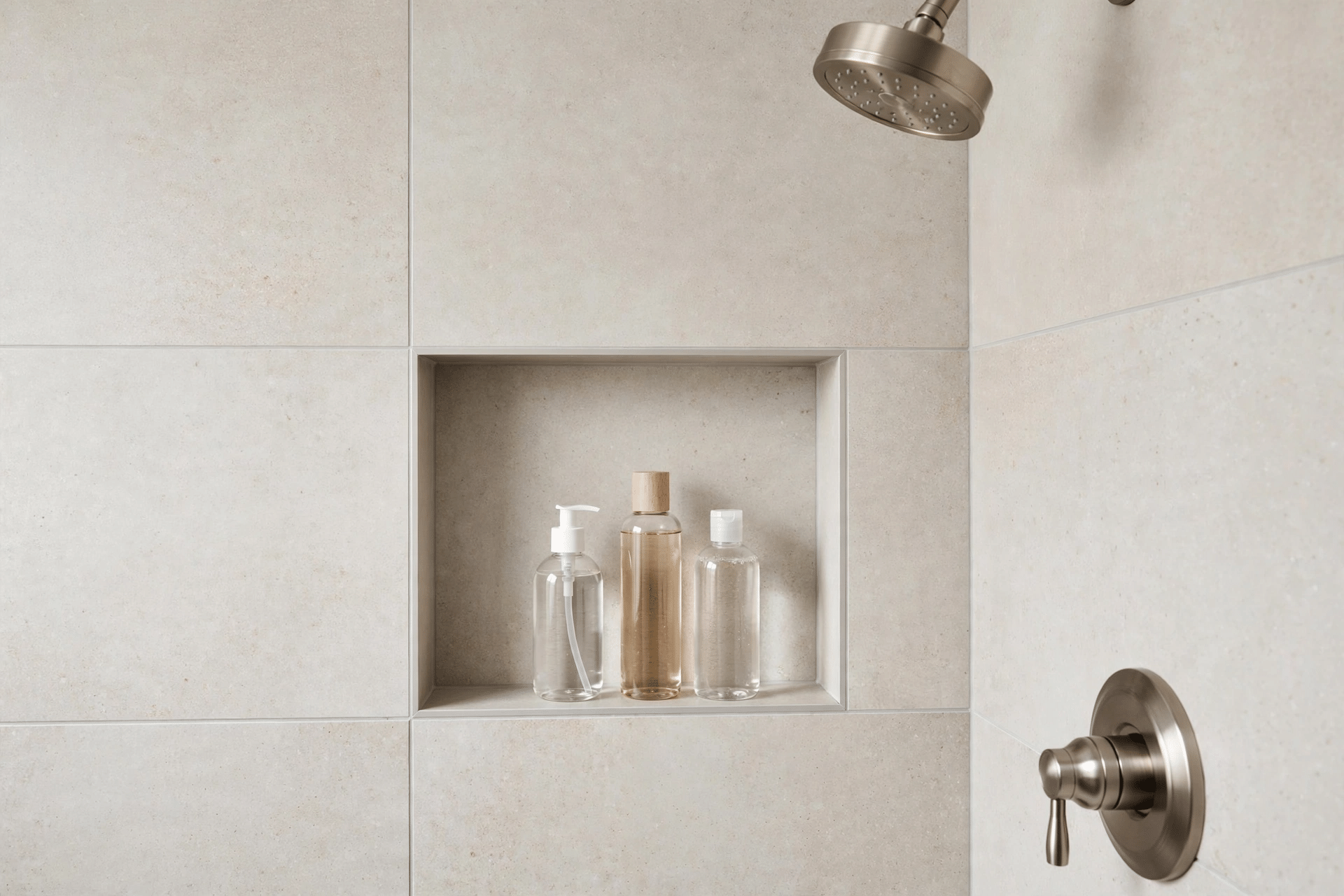 Close view of shower tile, a recessed niche, and brushed nickel fixtures after a bathroom renovation