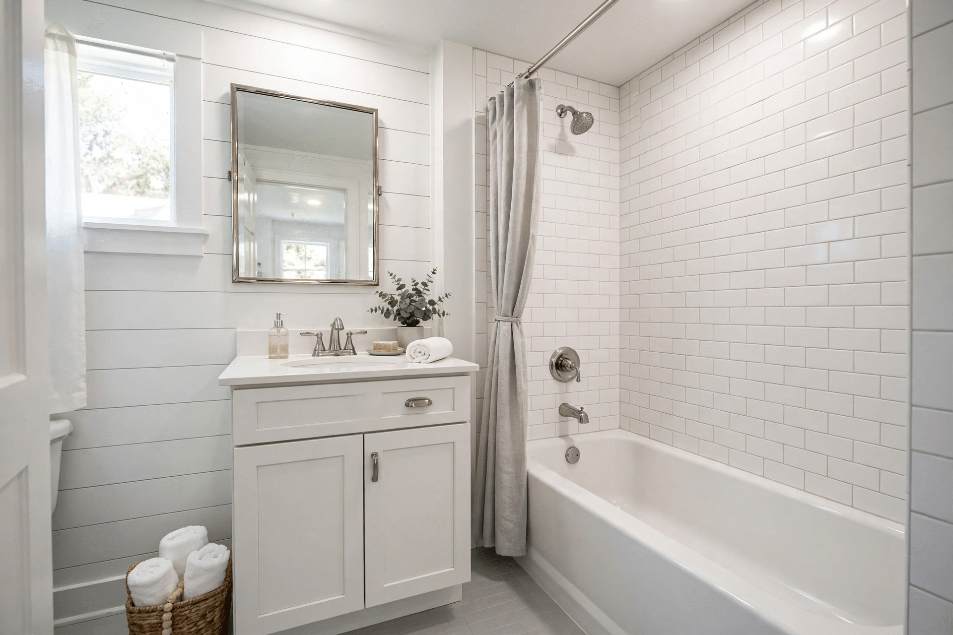 Renovated small guest bathroom with a single vanity and tiled tub shower