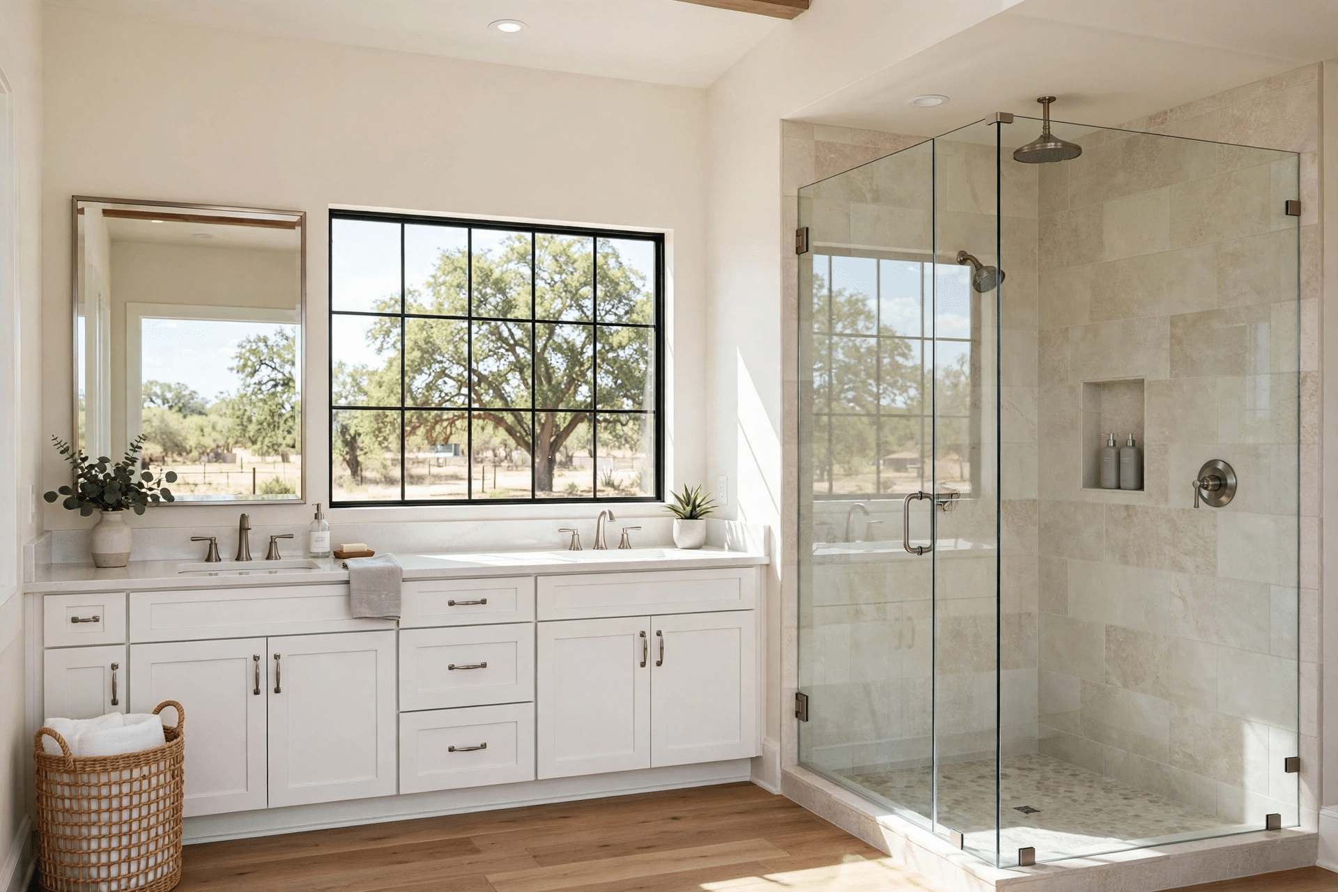 Renovated primary bathroom with a walk-in tile shower and double vanity by JBN Bathroom Remodeling