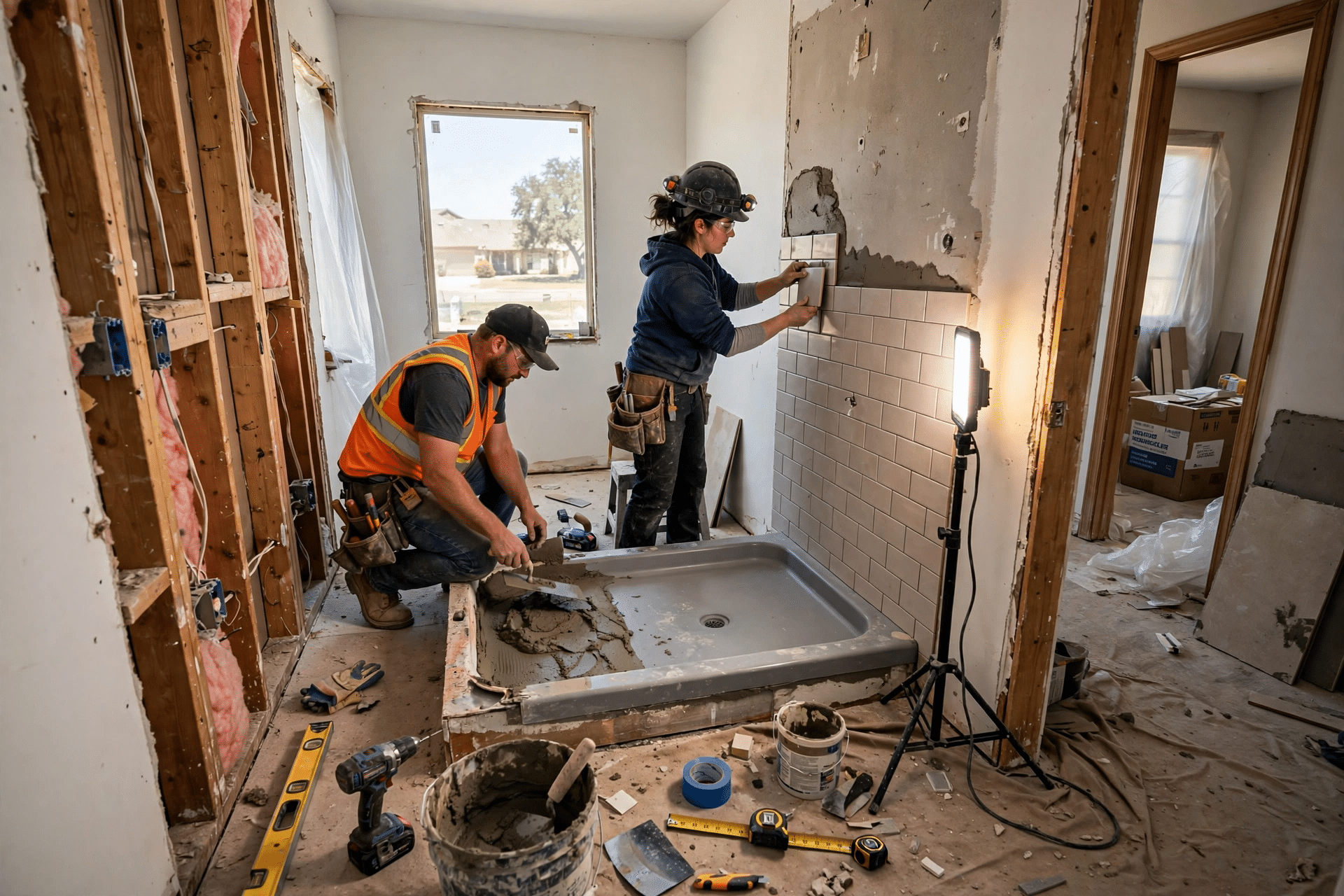 Crew converting a bathtub into a walk-in shower during a bathroom renovation