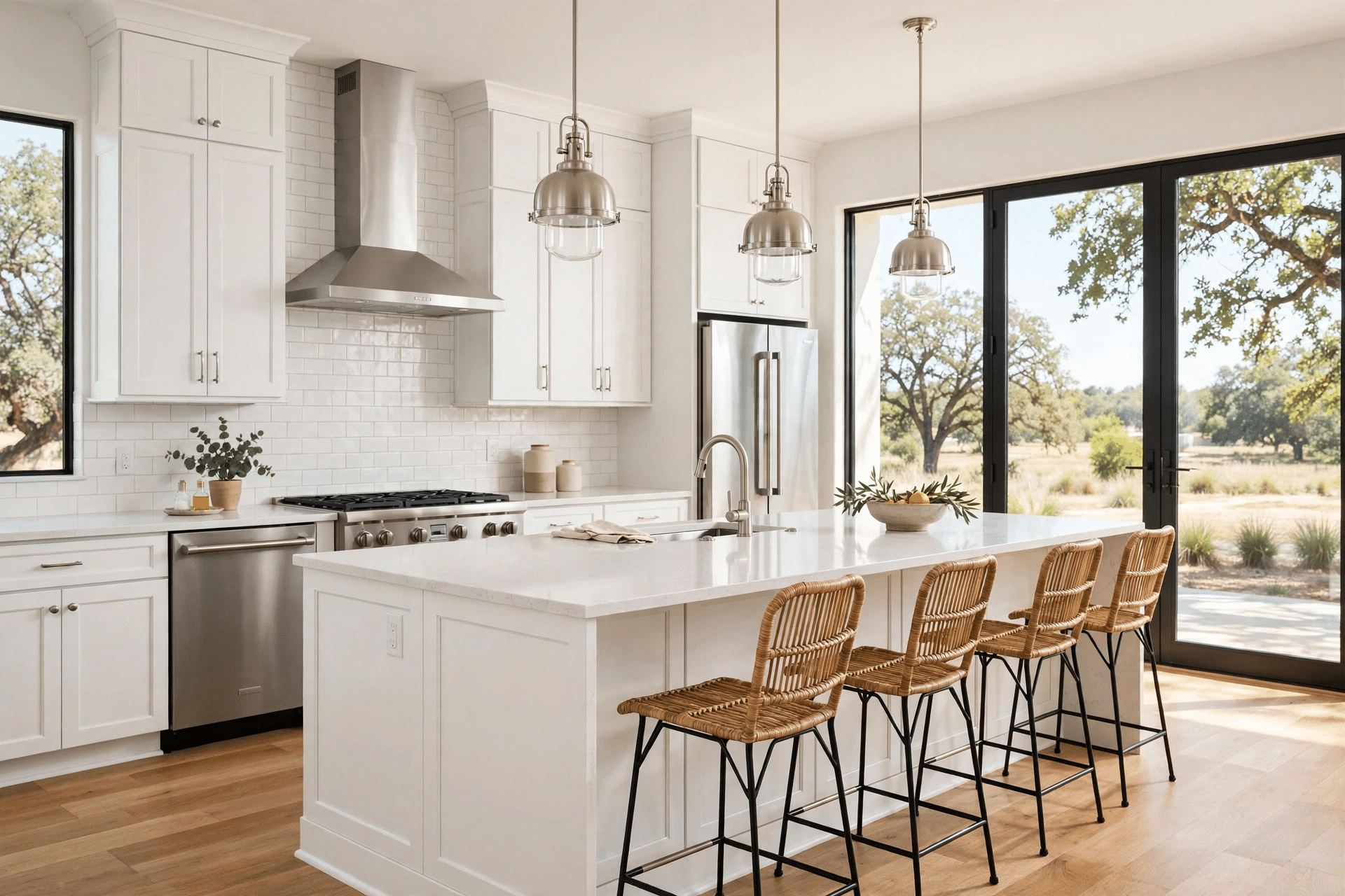 Kitchen Remodeling Carrollton TX - Custom Cabinets, Quartz Island Remodeled bright kitchen with white shaker cabinets, quartz island, and pendant lights