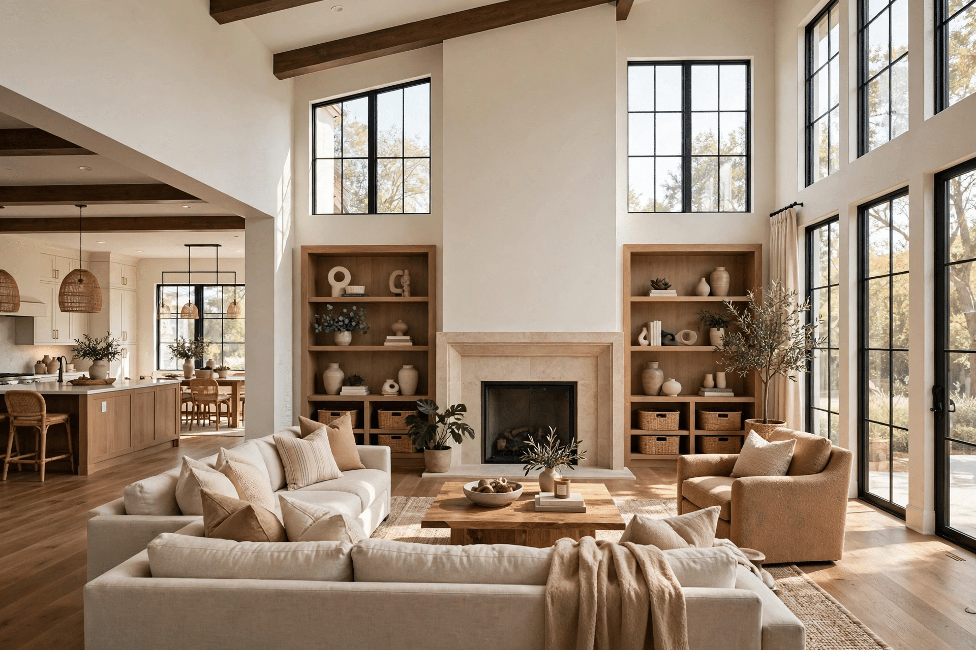Whole-Home Remodeling Carrollton TX - Open-Concept Family Living Room Open-concept family living room after a whole-home remodel with high ceilings and fireplace