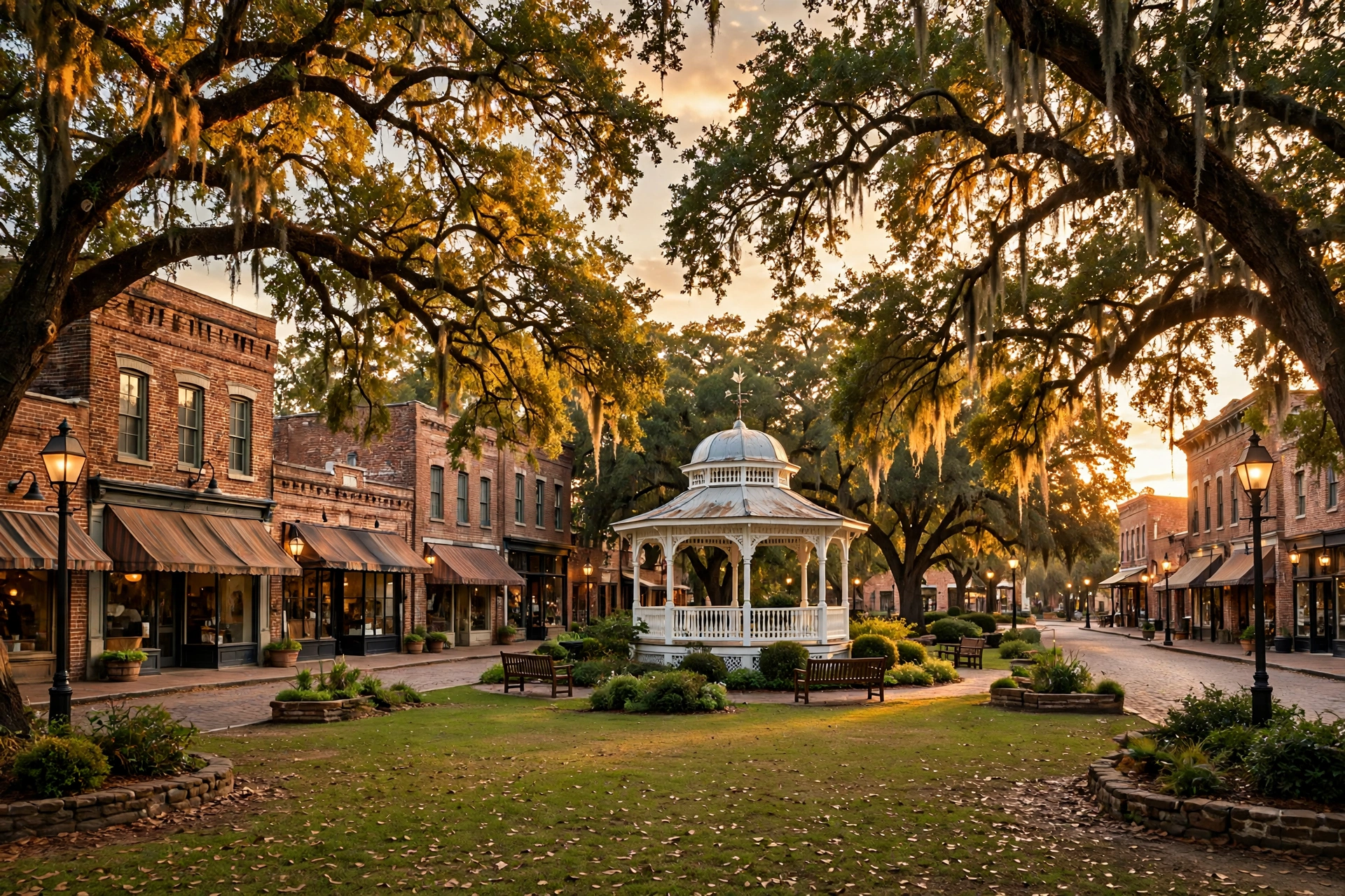 Carrollton TX - Historic Downtown Square and Gazebo Historic Texas town square with gazebo and vintage brick storefronts at golden hour