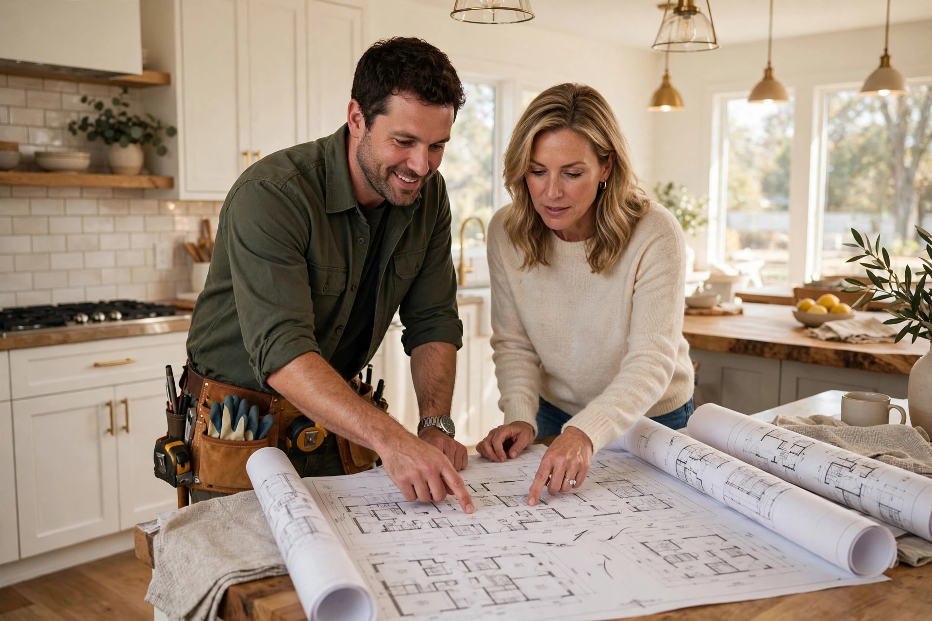 How to Choose a General Contractor in Denton TX 1 Contractor and homeowner reviewing house plans for a Denton TX home remodel