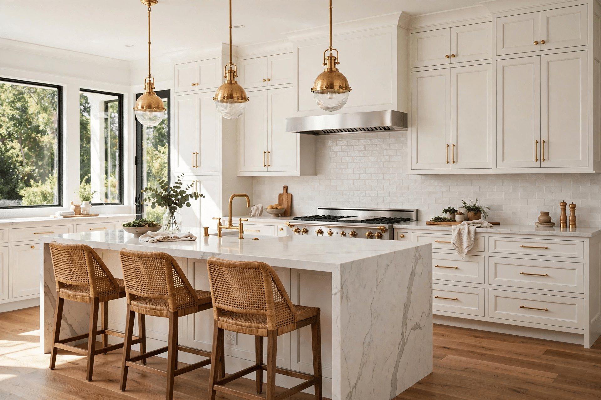 Kitchen Remodeling Copper Canyon TX - Custom Cabinets, Quartz Island Remodeled luxury kitchen with custom shaker cabinets, quartz island, and brass pendant lights