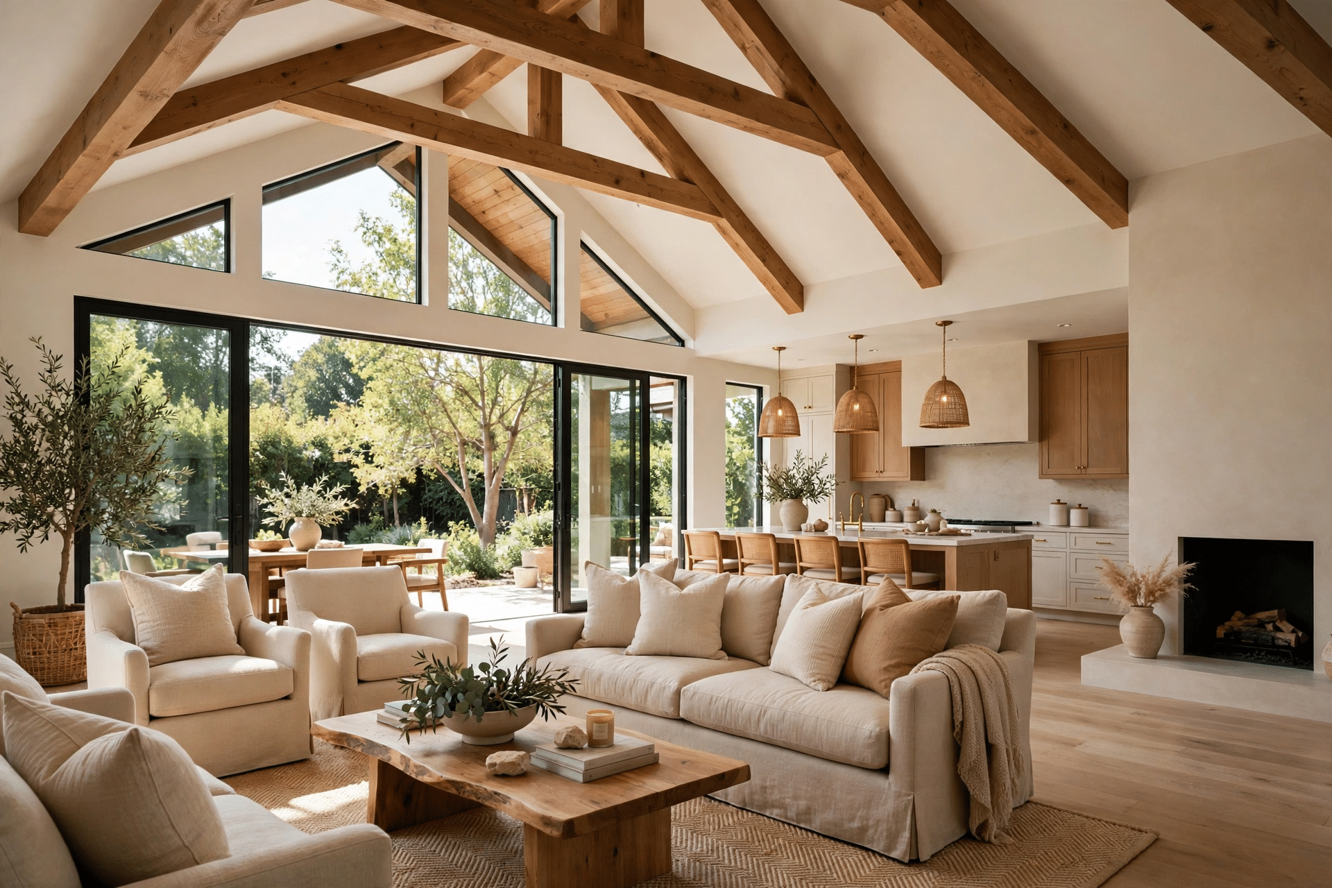 Whole-Home Remodeling Copper Canyon TX - Open-Concept Living Room with Wood Beams Open-concept living room after a whole-home remodel with vaulted wood-beam ceilings