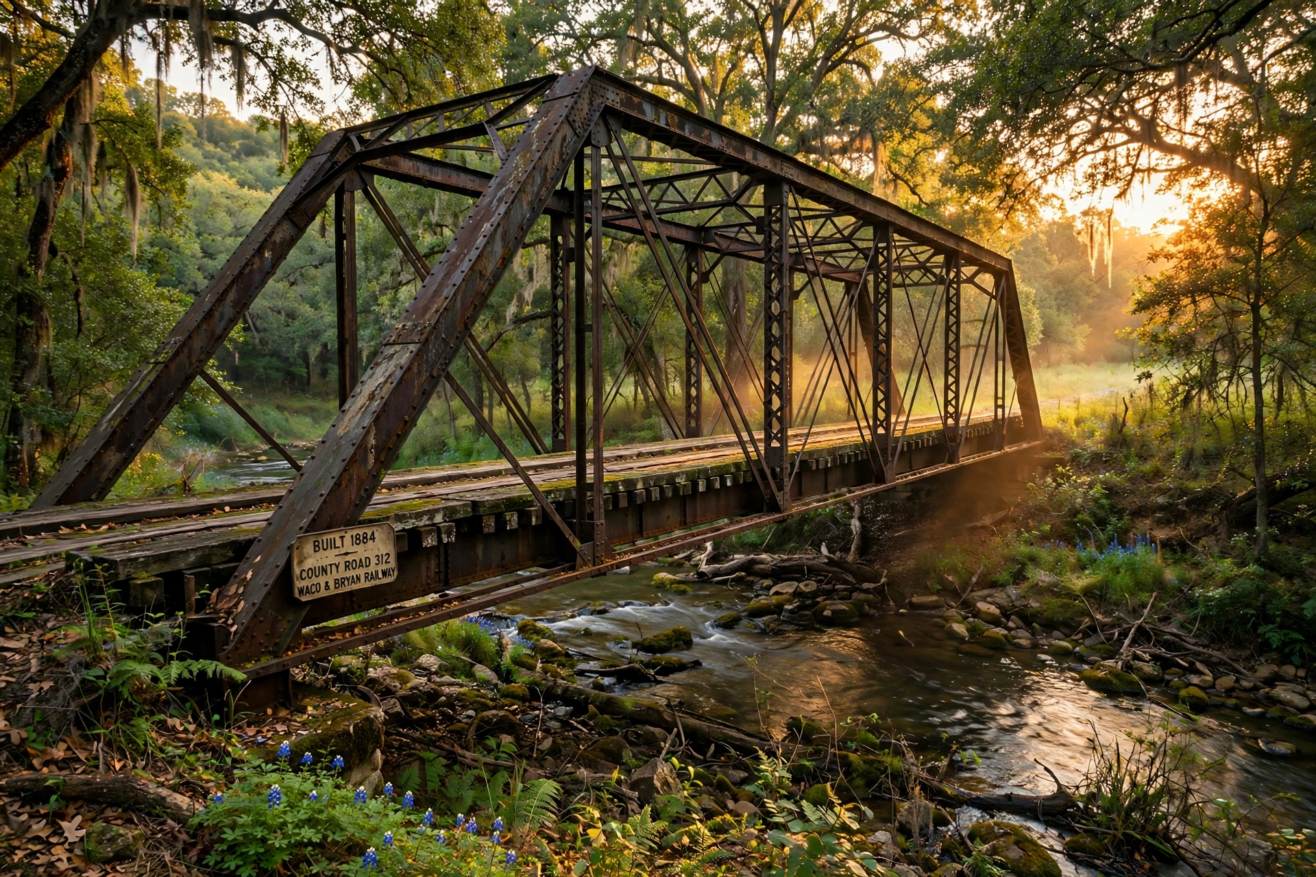 Old Alton Bridge Near Copper Canyon TX - Historic 1884 Iron Truss Bridge Historic 1884 iron truss bridge over a wooded creek near Copper Canyon Texas at golden hour