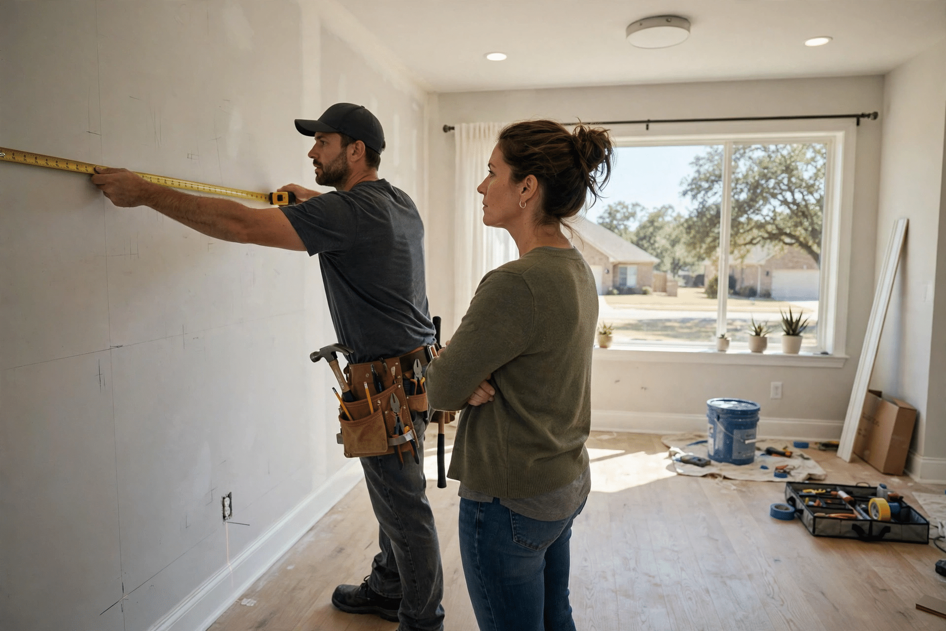 General Contractor Corinth TX 3 Homeowners reviewing remodel plans with a contractor in Corinth