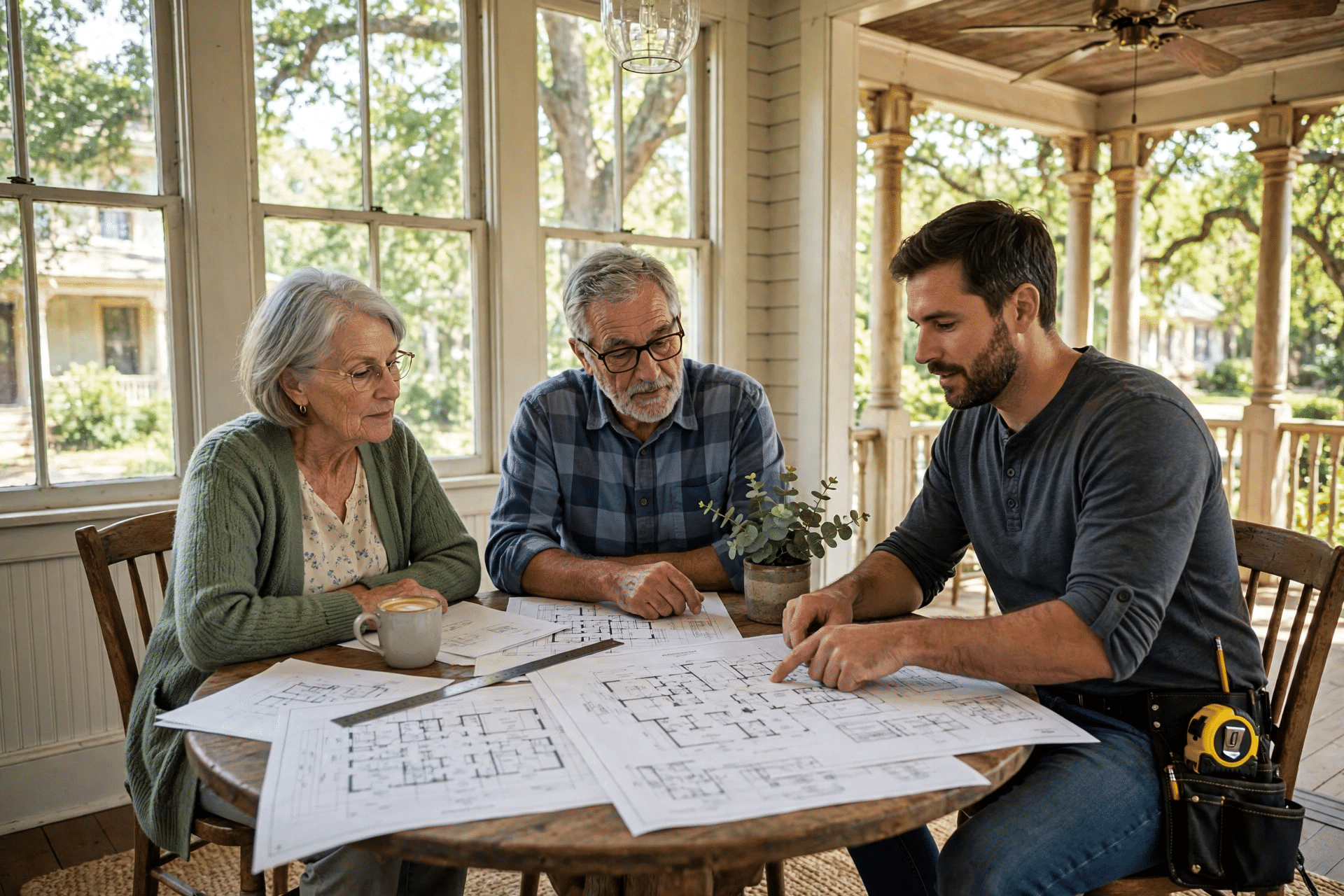 Contractor reviewing addition drawings with Denton homeowners at their dining table