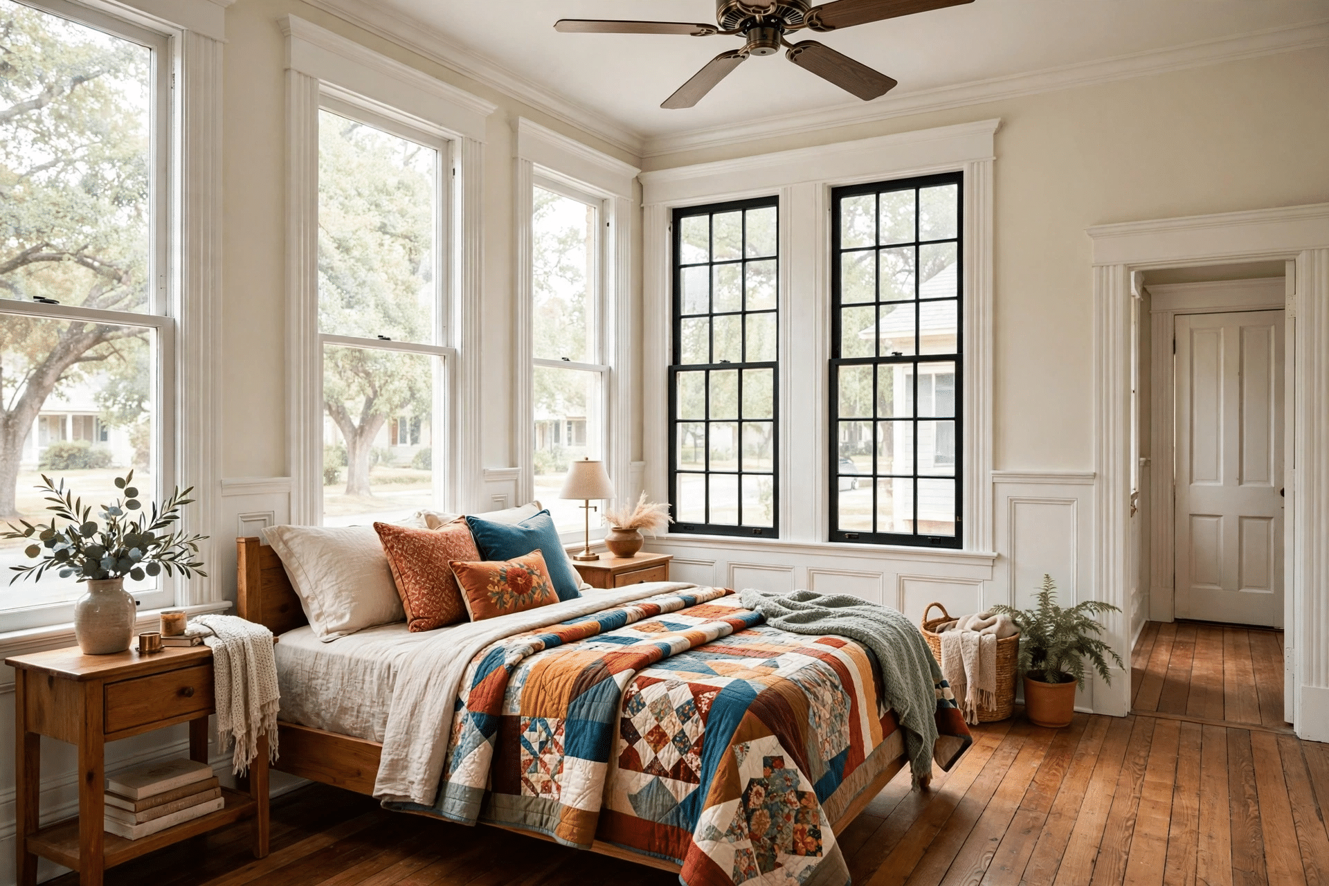 New family room addition with tall windows on a brick home near the Denton Square